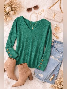 Emerald Green Eyelet Blouse | V-Neck Button Sleeve Detail | Boutique Style Top